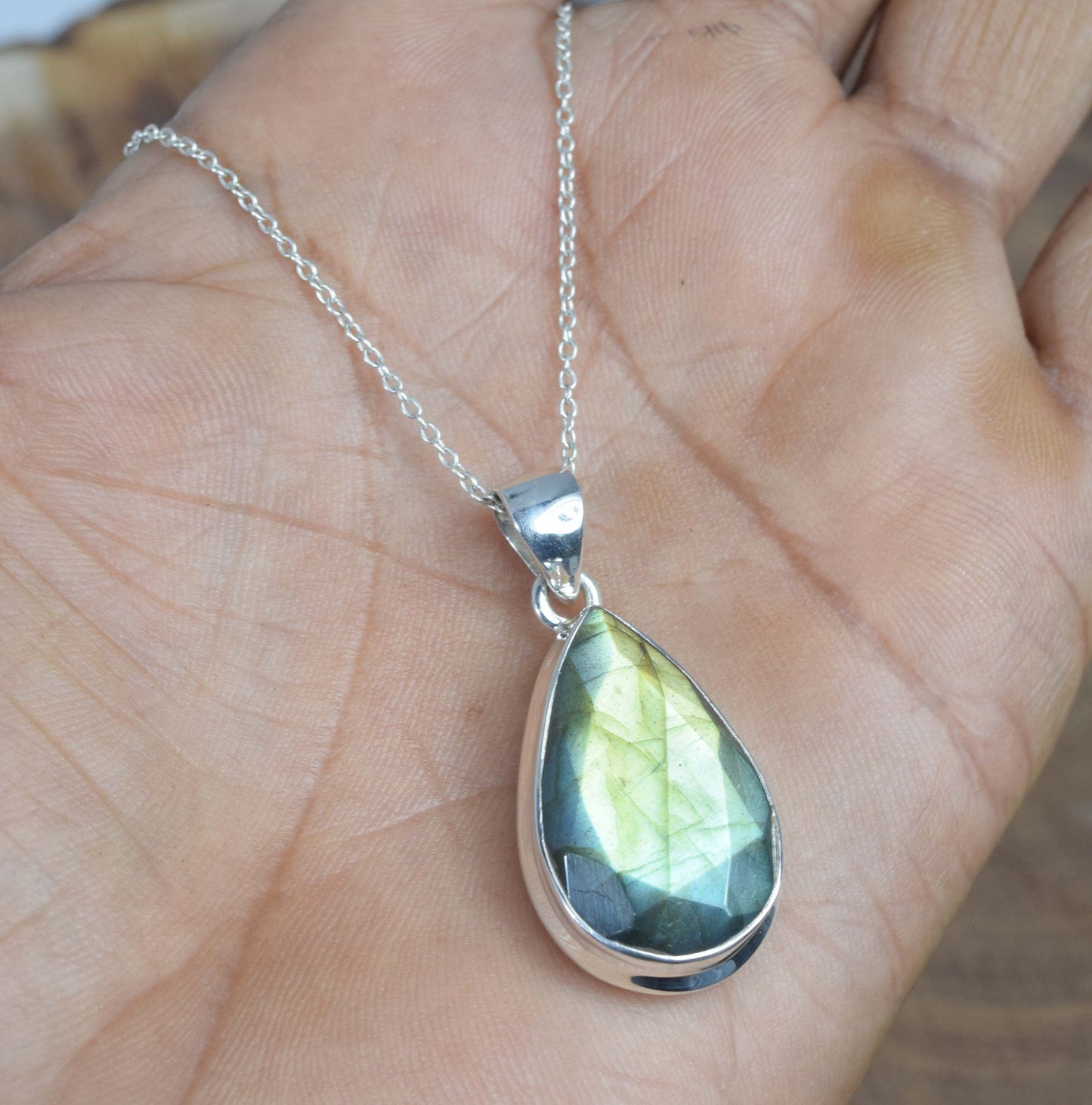 925 Solid Sterling Silver Faceted Labradorite Chain Pendant-19.2 inch
