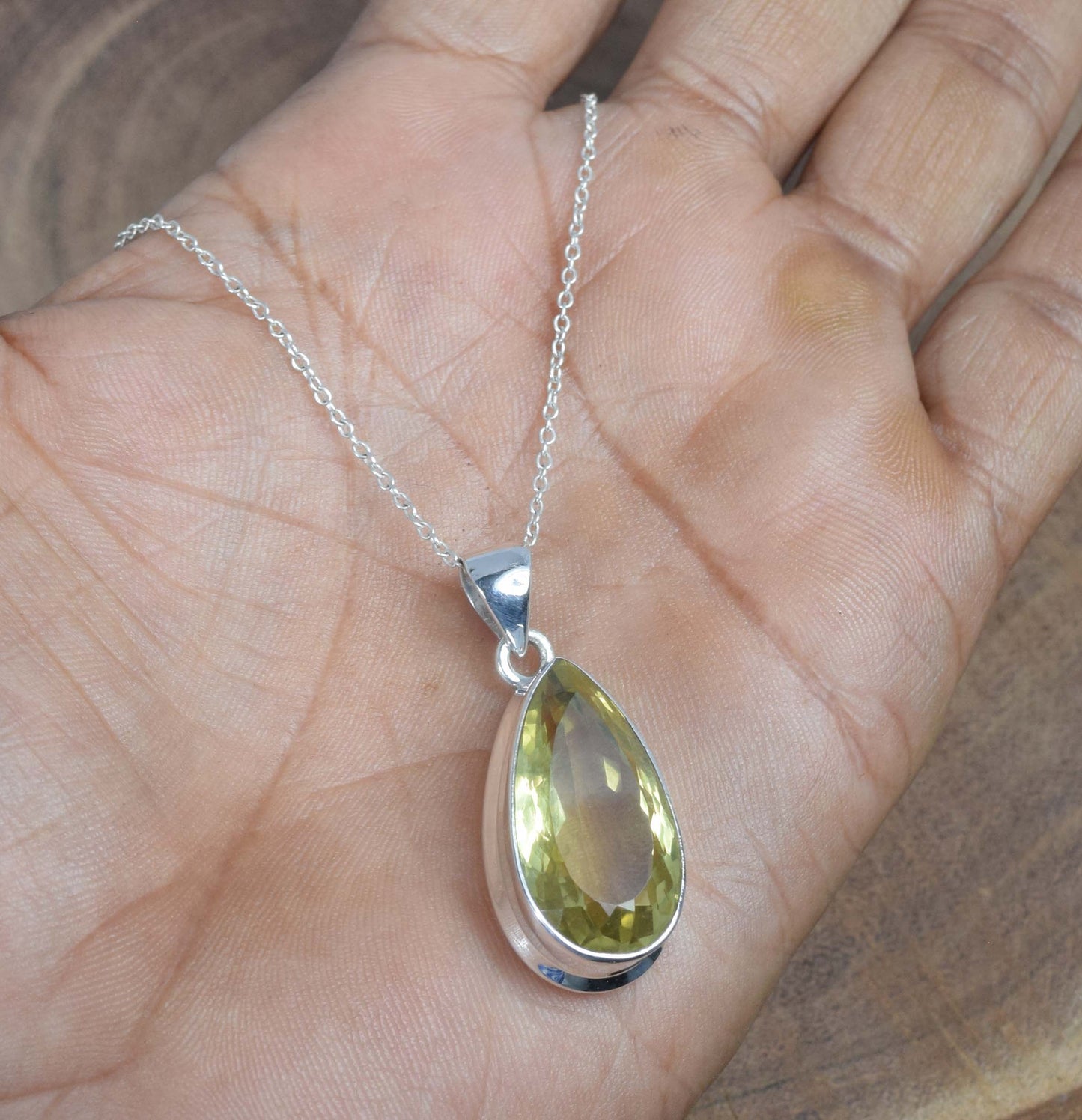 925 Solid Sterling Silver Faceted Yellow Citrine Chain Pendant-19.2 inch