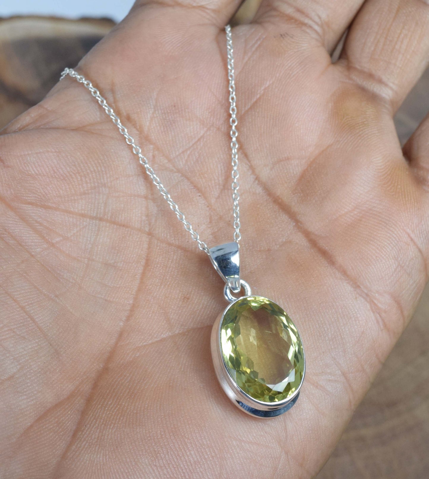 925 Solid Sterling Silver Faceted Yellow Citrine Chain Pendant-19.2 inch