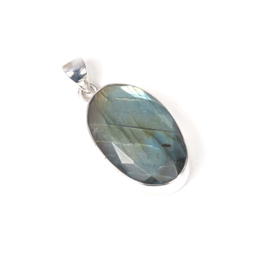 925 Solid Sterling Silver Faceted Labradorite Pendant-1.5 inch
