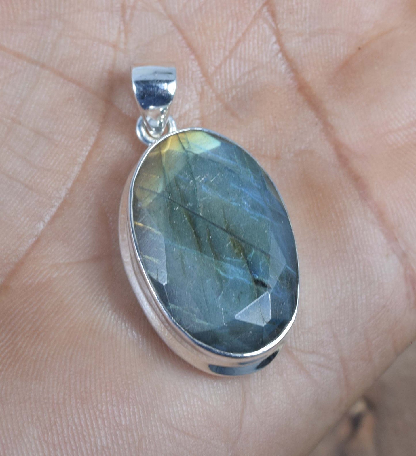 925 Solid Sterling Silver Faceted Labradorite Pendant-1.5 inch