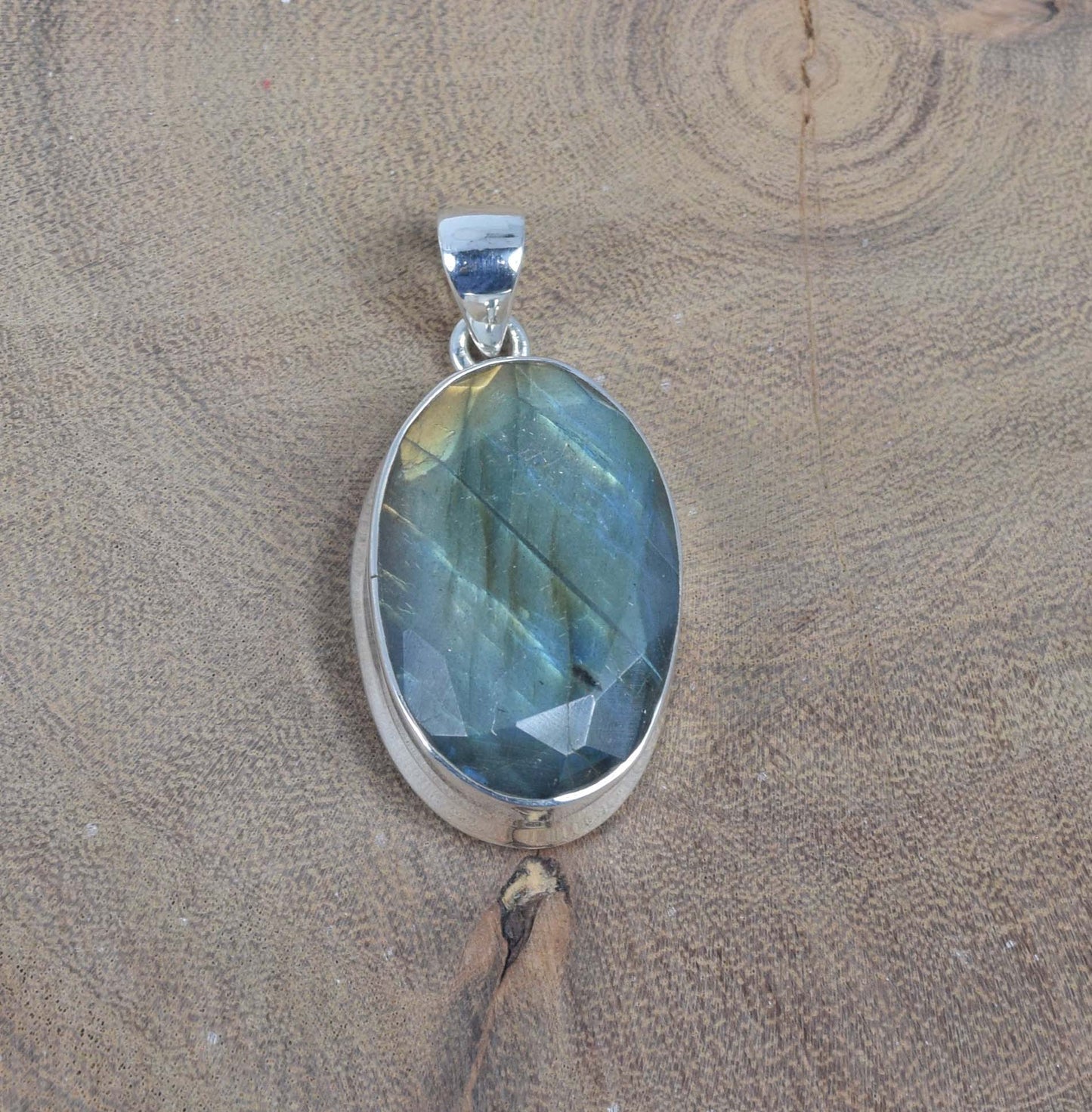 925 Solid Sterling Silver Faceted Labradorite Pendant-1.5 inch