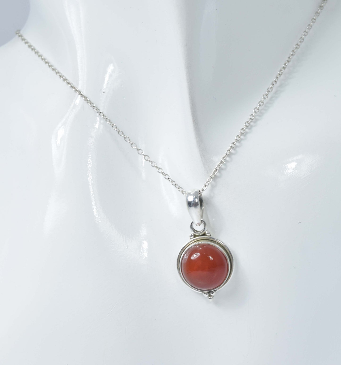 925 Solid Sterling Silver Red Carnelian Chain Pendant-19 Inch