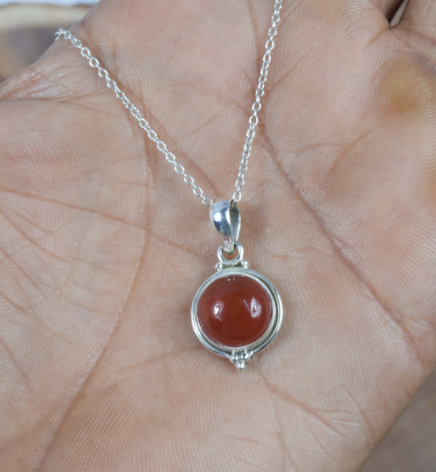 925 Solid Sterling Silver Red Carnelian Chain Pendant-19 Inch