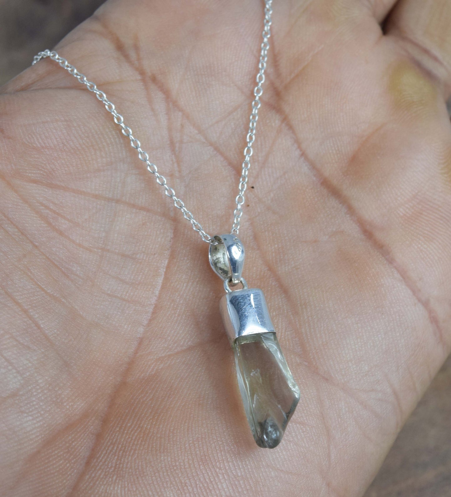 925 Solid Sterling Silver Rough Green Amethyst Chain Pendant-19.1 Inch