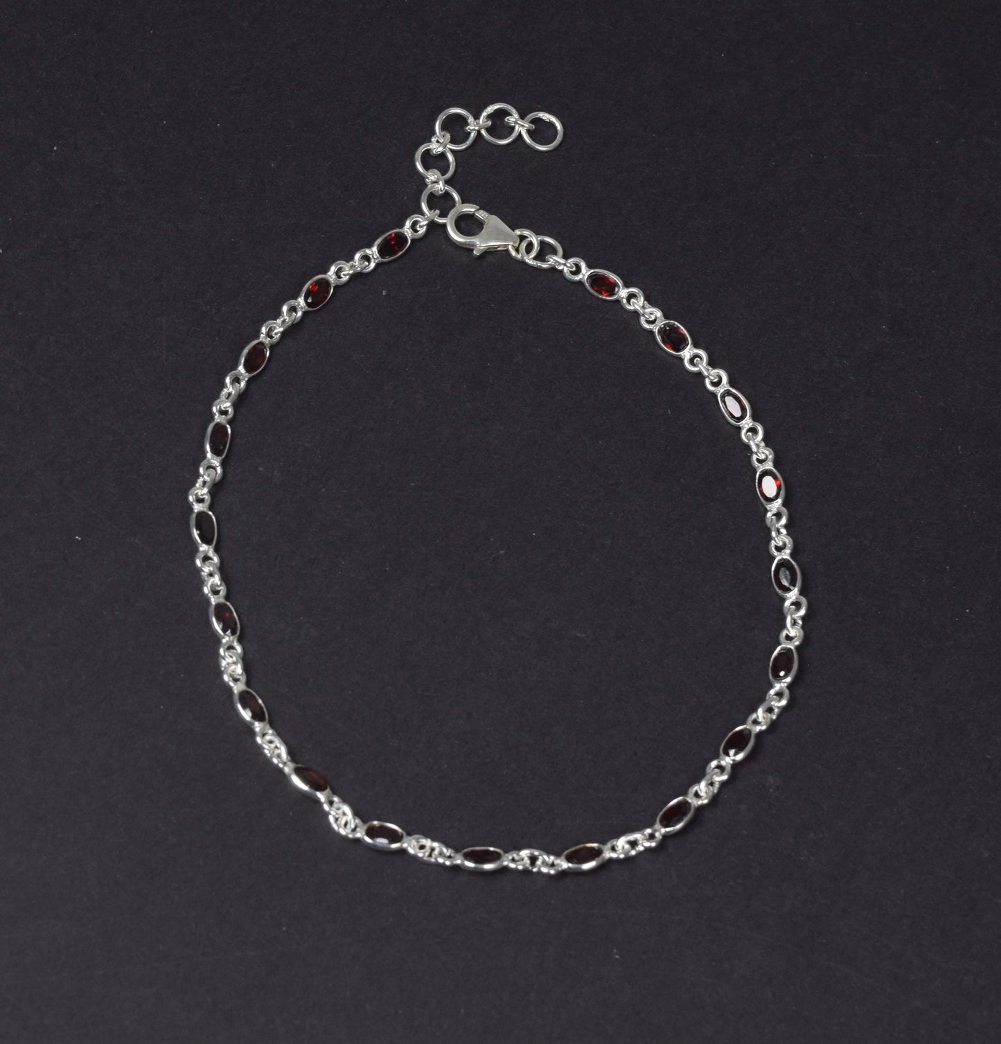 925 Solid Sterling Silver Faceted Red Garnet Anklet-11.5 Inch B