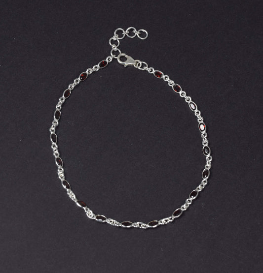 925 Solid Sterling Silver Faceted Red Garnet Anklet-11.5 Inch B