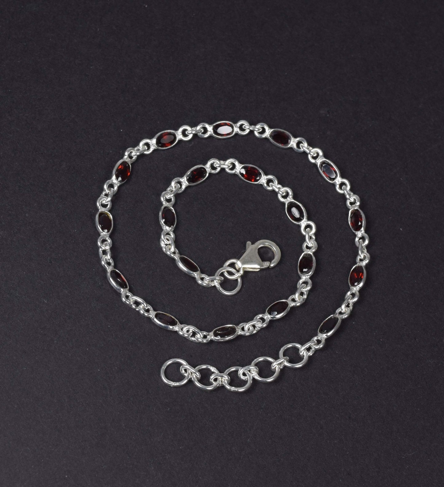 925 Solid Sterling Silver Faceted Red Garnet Anklet-11.5 Inch B