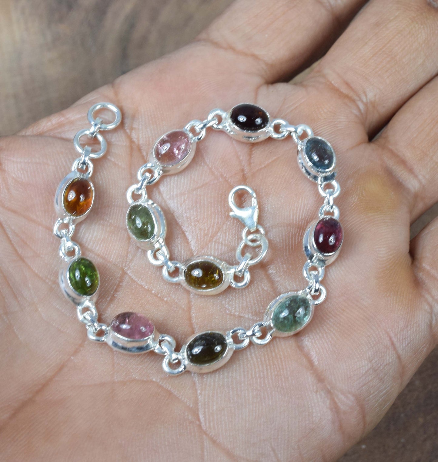 925 Solid Sterling Silver Green Tourmaline Mix HANDMADE BRACELET -7.8 Inch