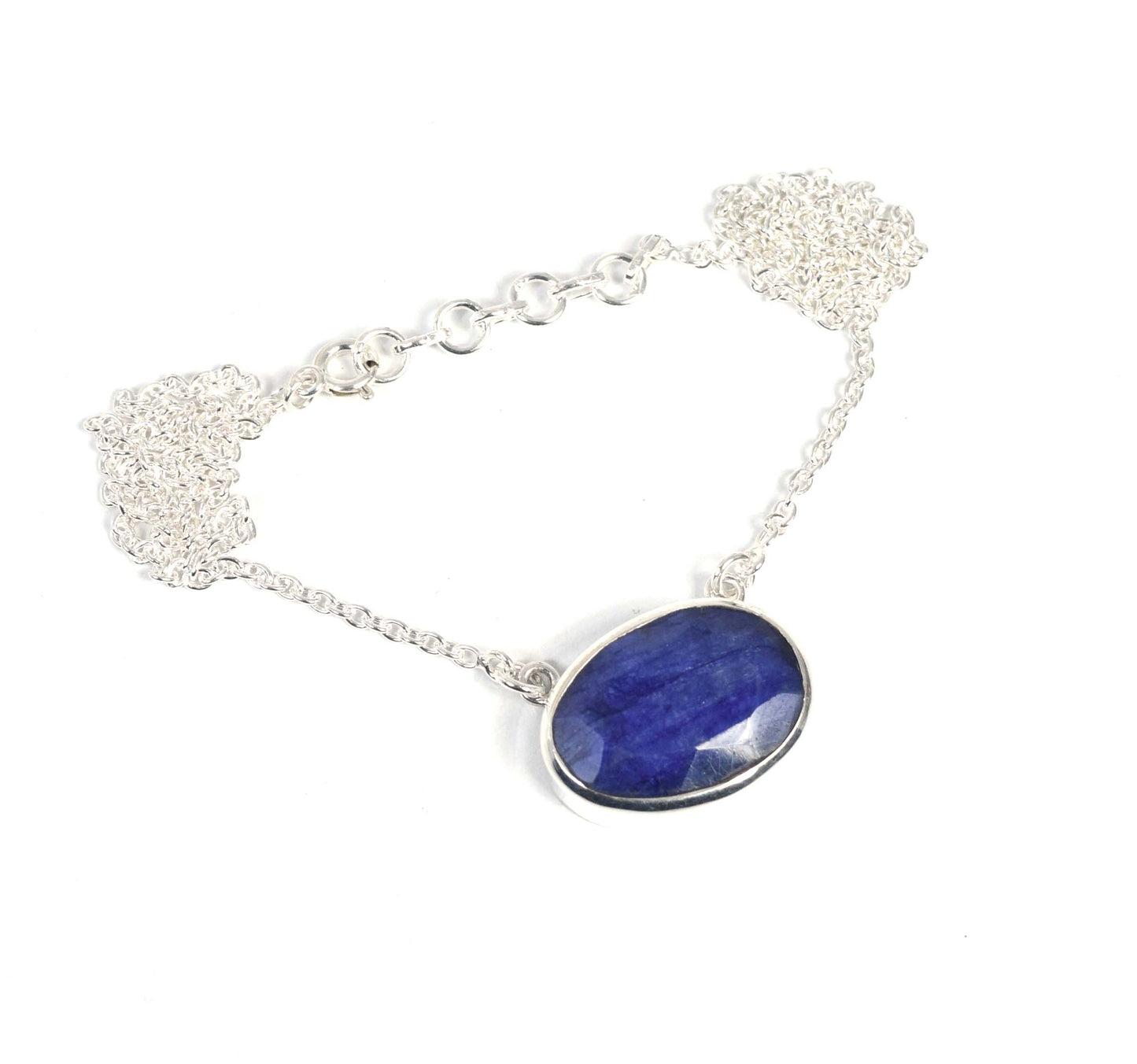 925 Solid Sterling Silver Faceted Simulated Blue Sapphire Necklace-17.4 Inch