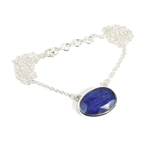 925 Solid Sterling Silver Faceted Simulated Blue Sapphire Necklace-17.4 Inch