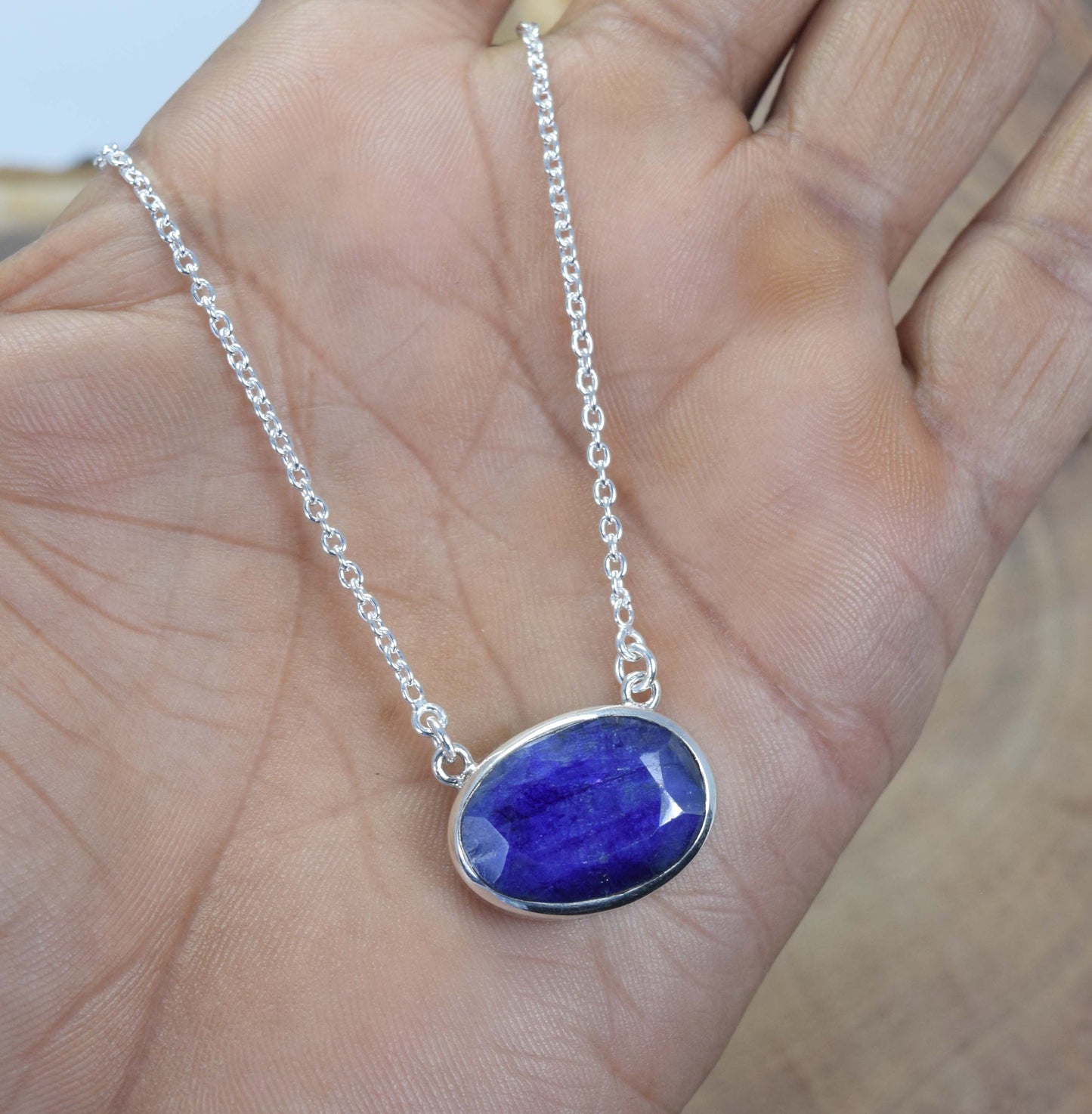925 Solid Sterling Silver Faceted Simulated Blue Sapphire Necklace-17.4 Inch