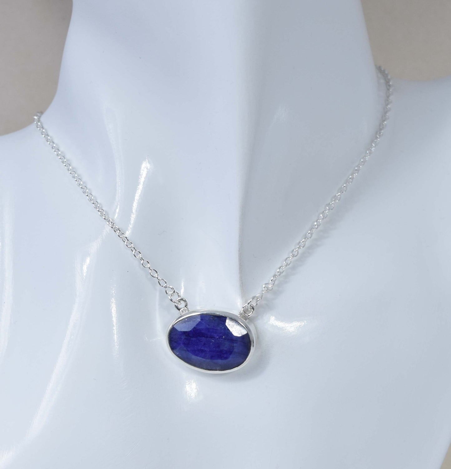 925 Solid Sterling Silver Faceted Simulated Blue Sapphire Necklace-17.4 Inch