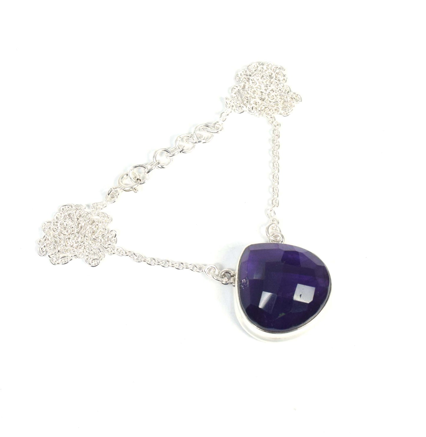 925 Solid Sterling Silver Faceted Purple Amethyst Necklace -17.4 Inch