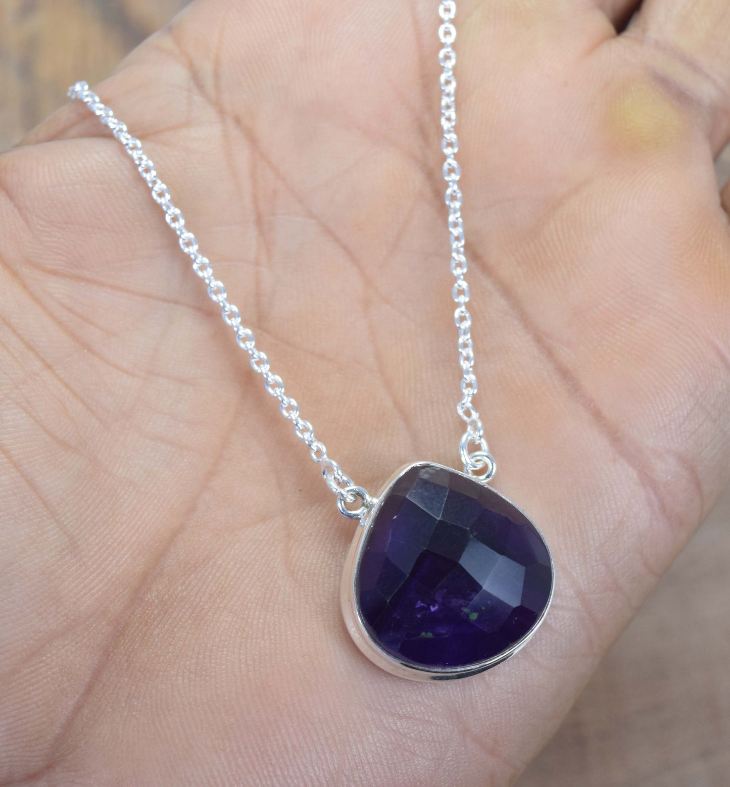 925 Solid Sterling Silver Faceted Purple Amethyst Necklace -17.4 Inch