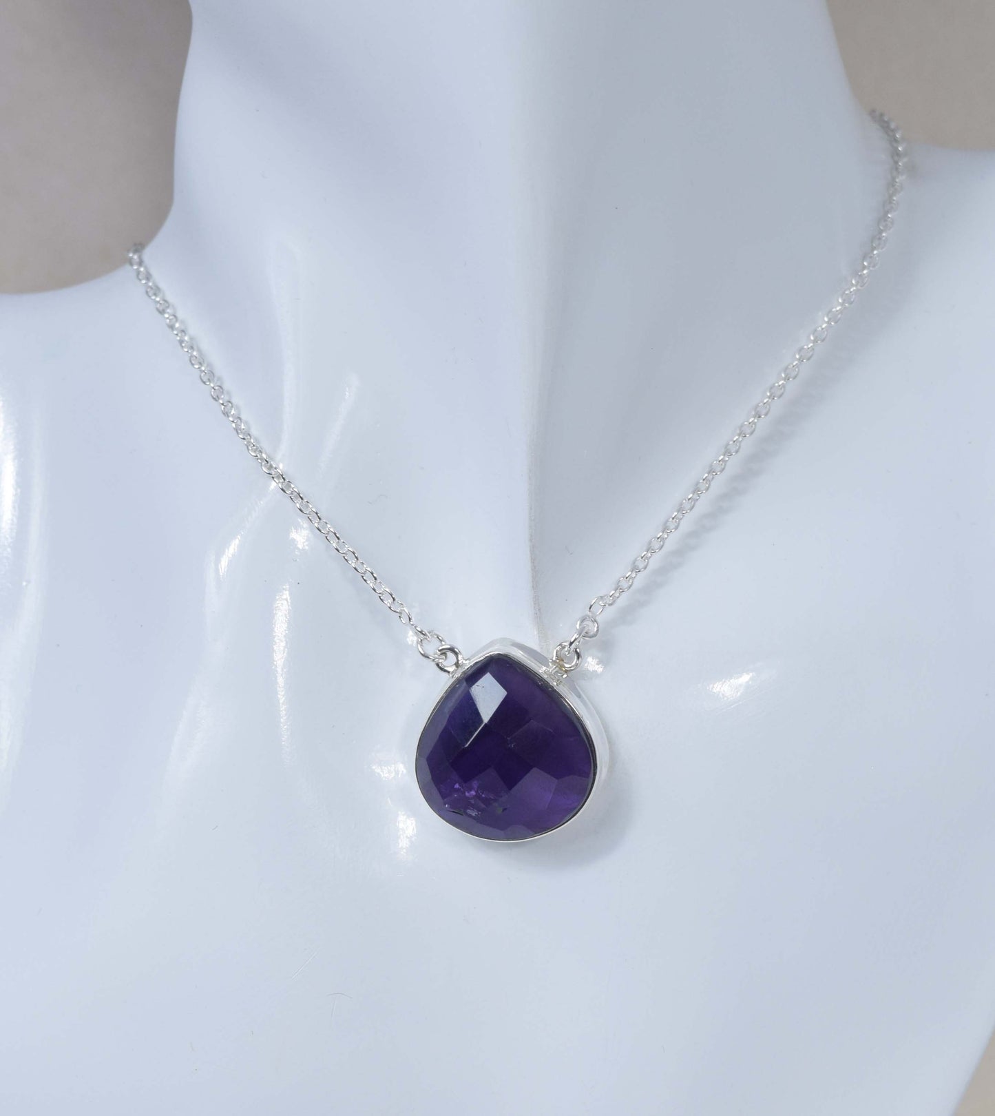 925 Solid Sterling Silver Faceted Purple Amethyst Necklace -17.4 Inch
