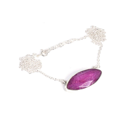 925 Solid Sterling Silver Faceted Simulated Red Ruby Necklace -17 Inch