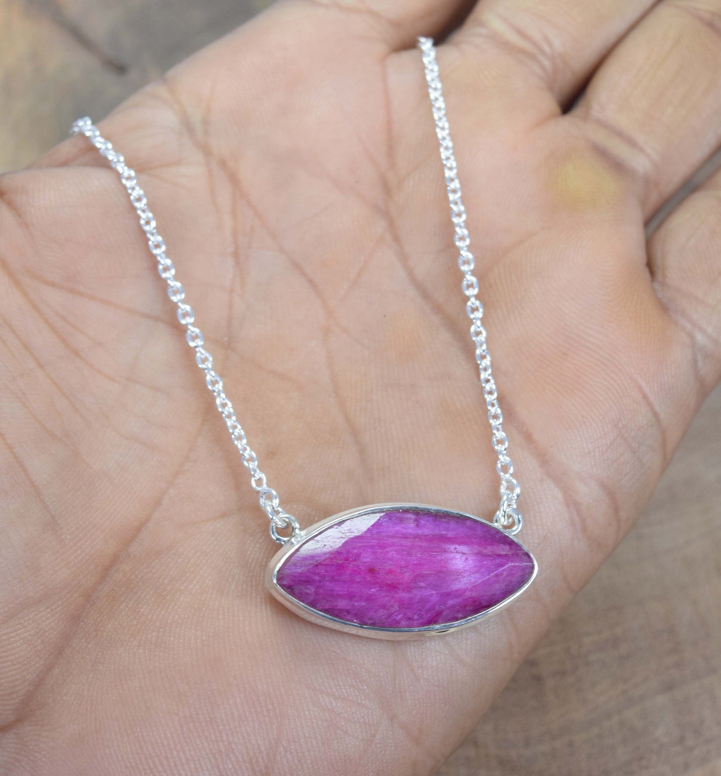 925 Solid Sterling Silver Faceted Simulated Red Ruby Necklace -17 Inch
