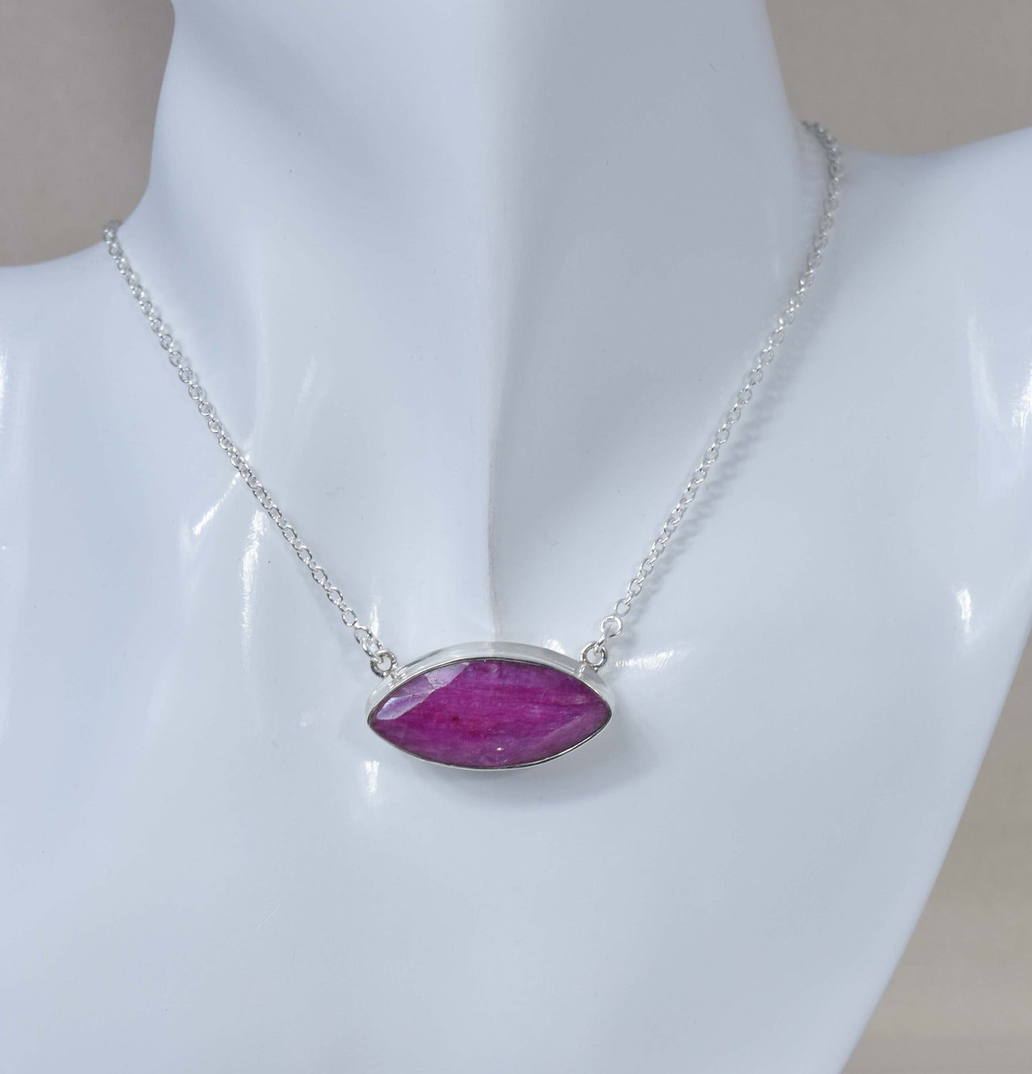 925 Solid Sterling Silver Faceted Simulated Red Ruby Necklace -17 Inch