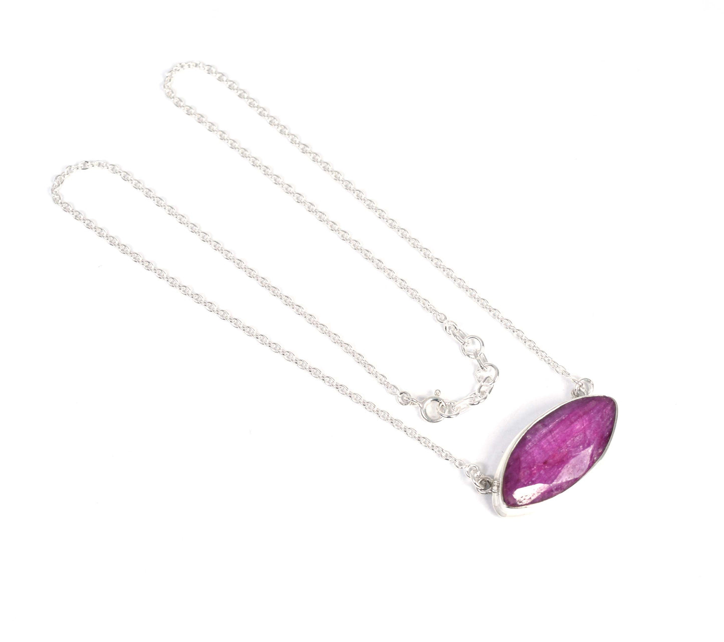 925 Solid Sterling Silver Faceted Simulated Red Ruby Necklace -17 Inch