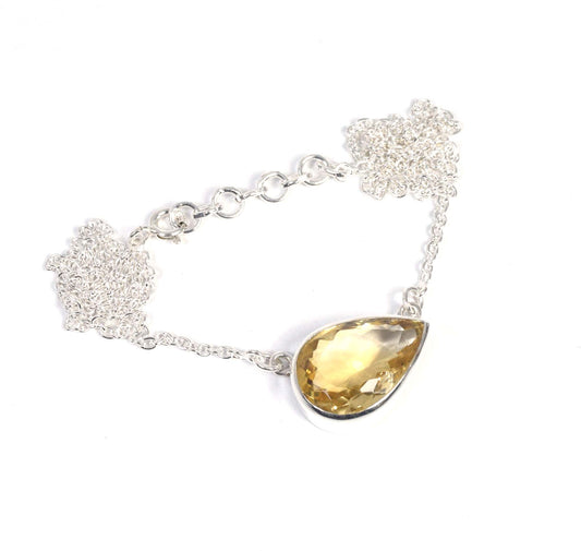 925 Solid Sterling Silver Faceted Yellow Citrine Necklace -17.4 Inch