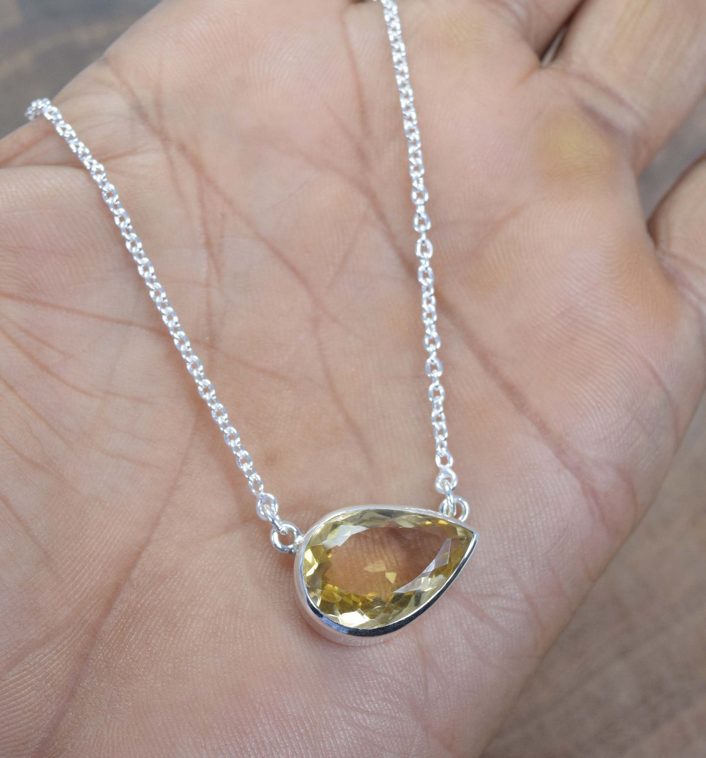 925 Solid Sterling Silver Faceted Yellow Citrine Necklace -17.4 Inch