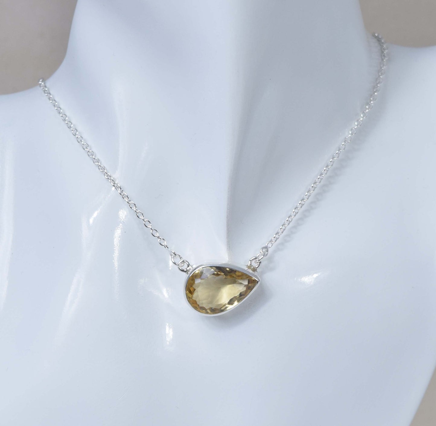 925 Solid Sterling Silver Faceted Yellow Citrine Necklace -17.4 Inch