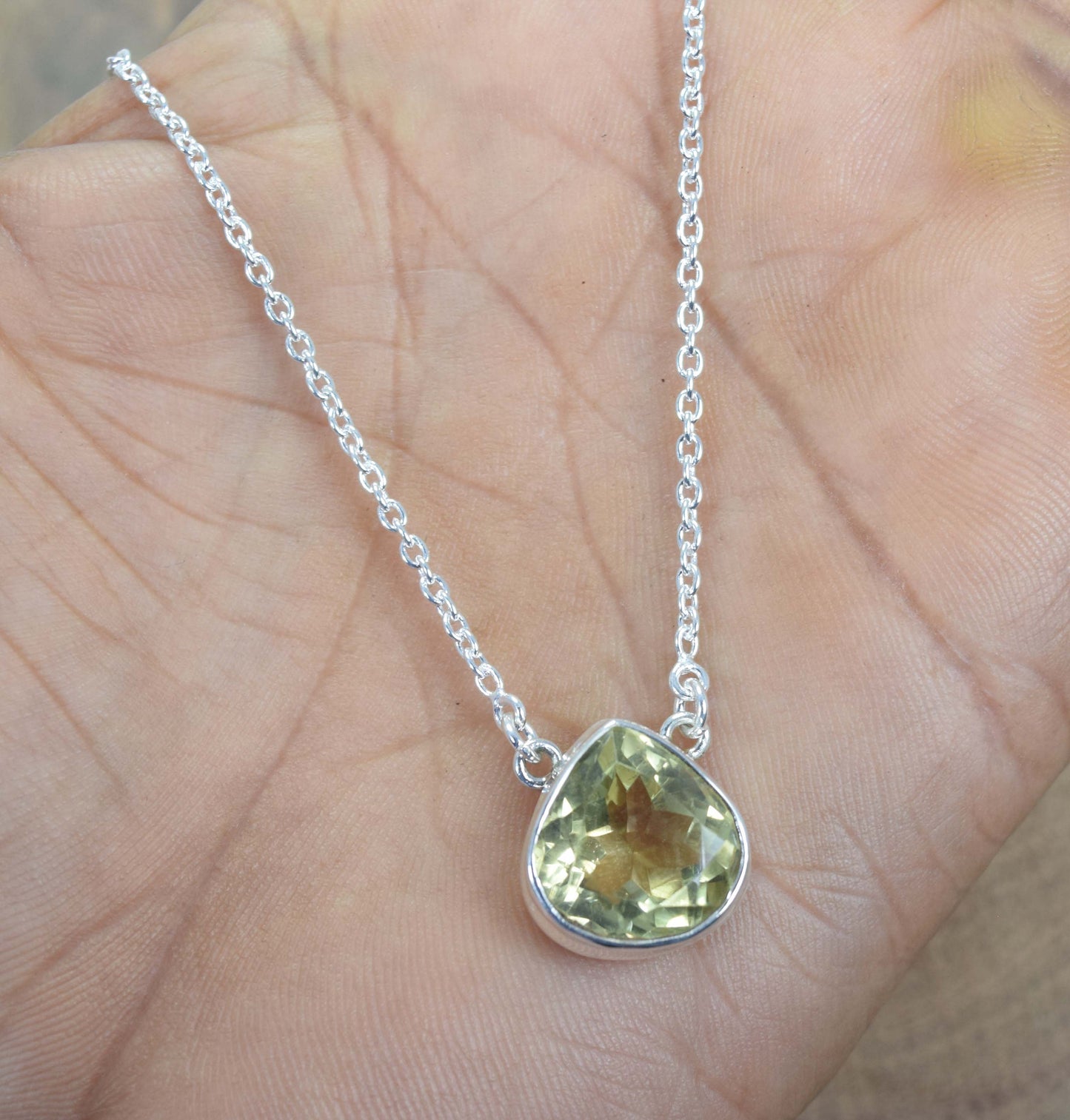 925 Solid Sterling Silver Faceted Yellow Citrine Necklace -17.4 Inch