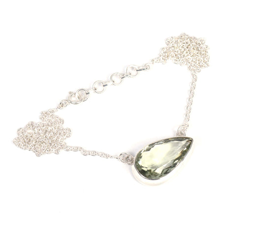 925 Solid Sterling Silver Faceted Green Amethyst Necklace -17 Inch