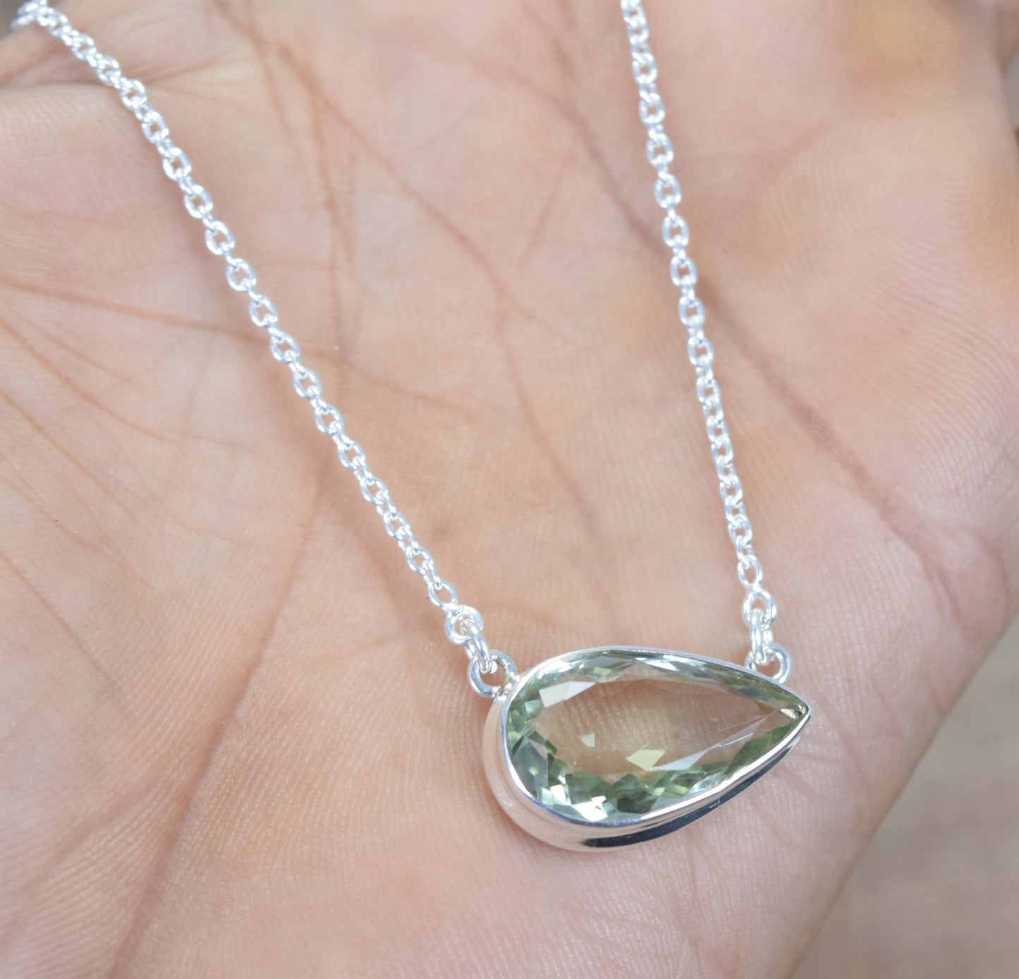 925 Solid Sterling Silver Faceted Green Amethyst Necklace -17 Inch