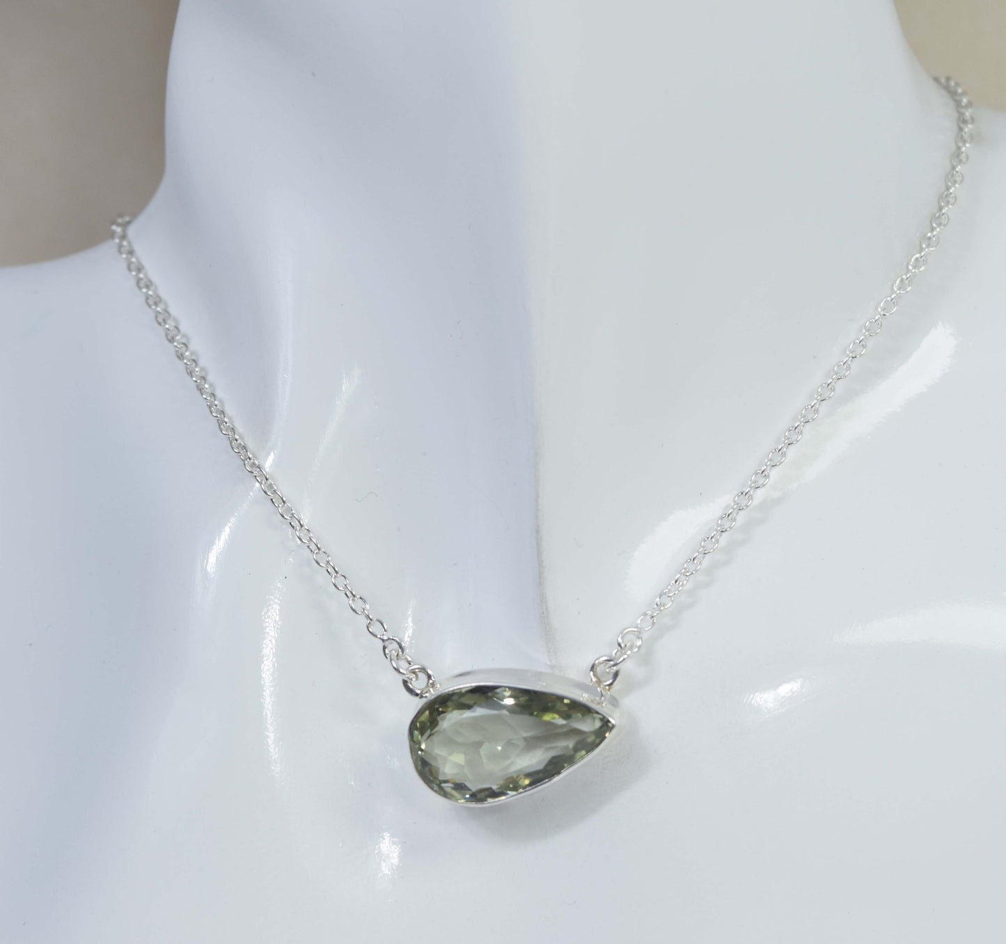 925 Solid Sterling Silver Faceted Green Amethyst Necklace -17 Inch