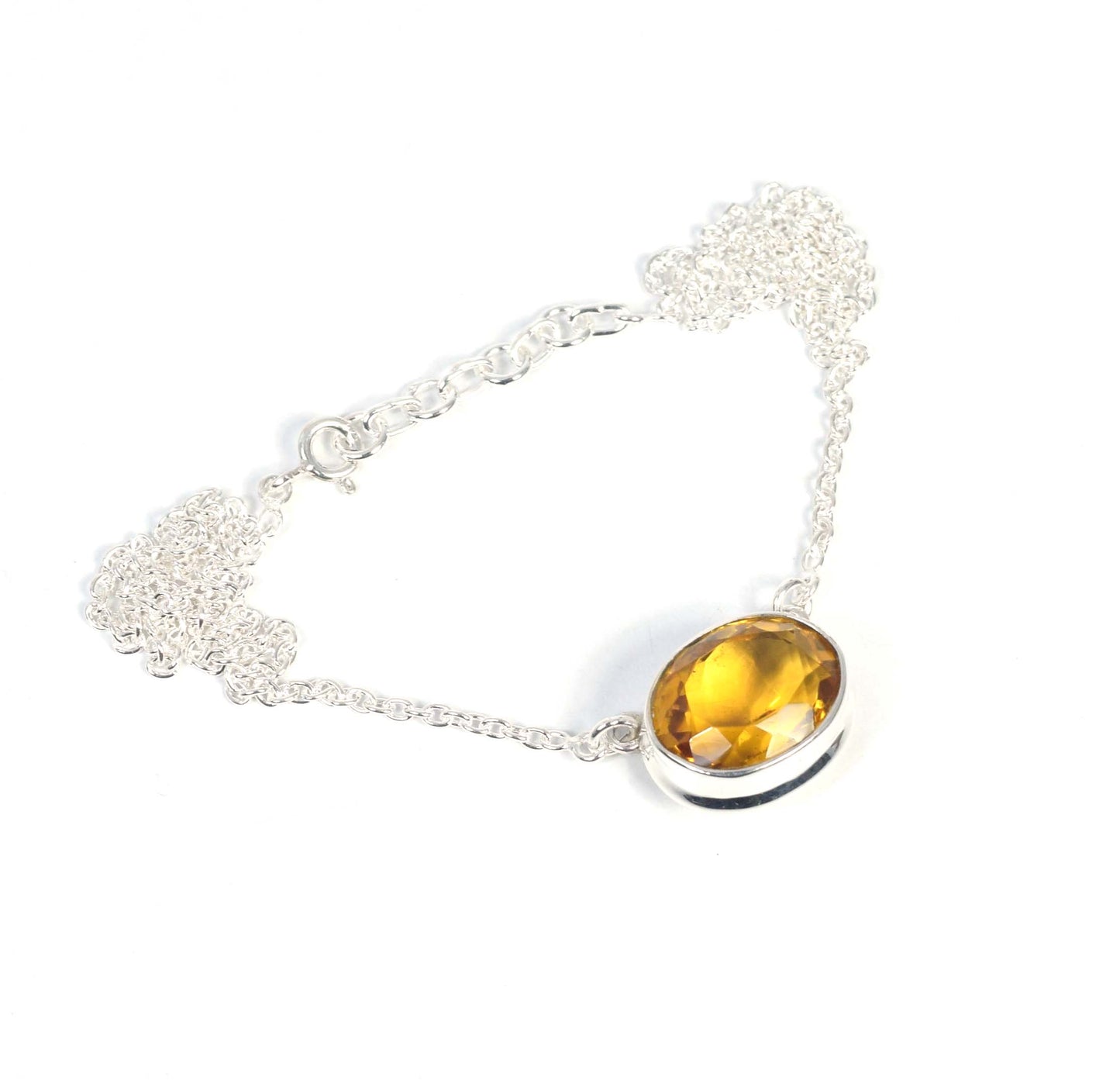 925 Solid Sterling Silver Faceted Yellow Citrine Necklace -17 Inch