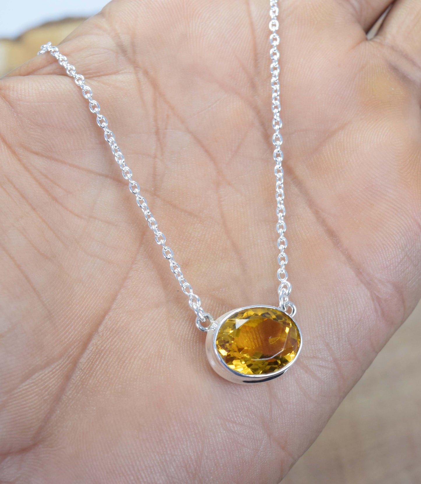 925 Solid Sterling Silver Faceted Yellow Citrine Necklace -17 Inch