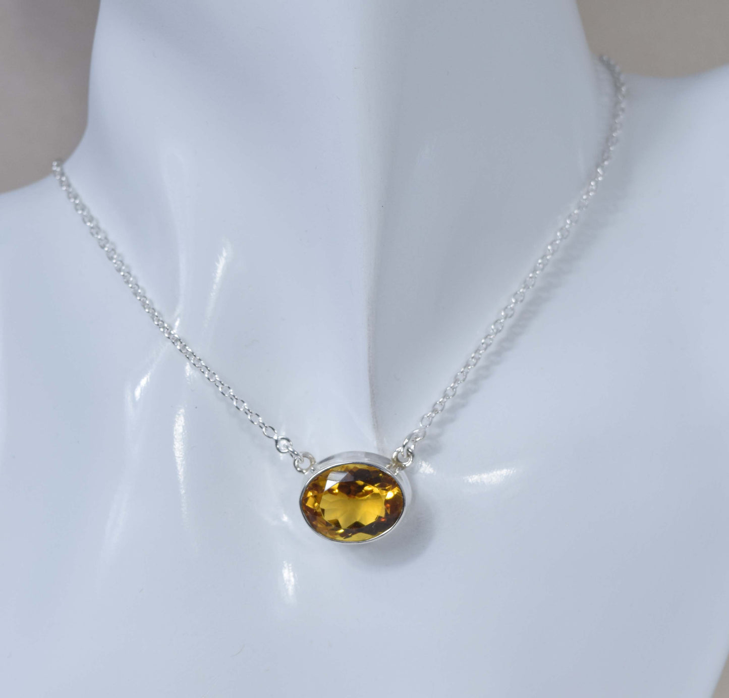925 Solid Sterling Silver Faceted Yellow Citrine Necklace -17 Inch
