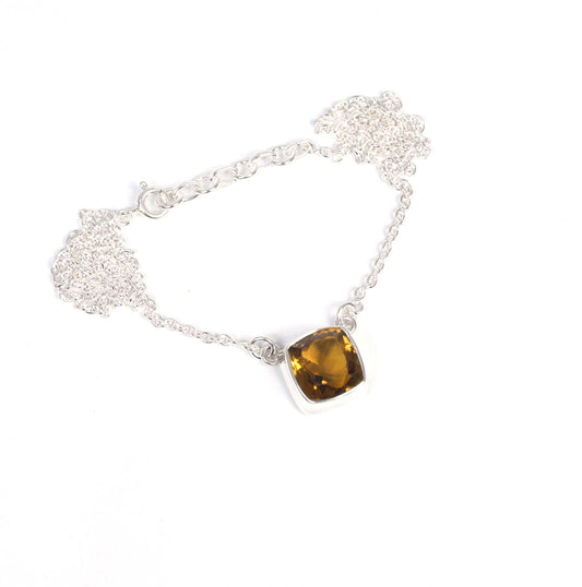 925 Solid Sterling Silver Faceted Beer Quartz Necklace -17 .4 Inch
