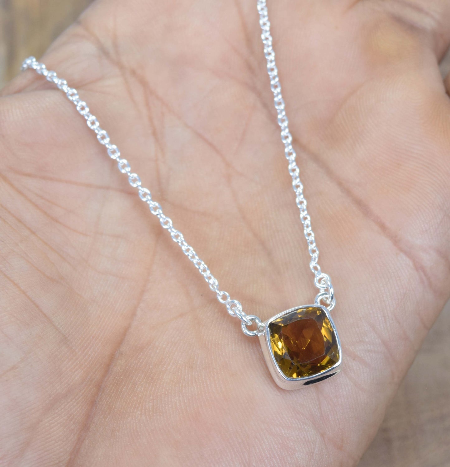 925 Solid Sterling Silver Faceted Beer Quartz Necklace -17 .4 Inch