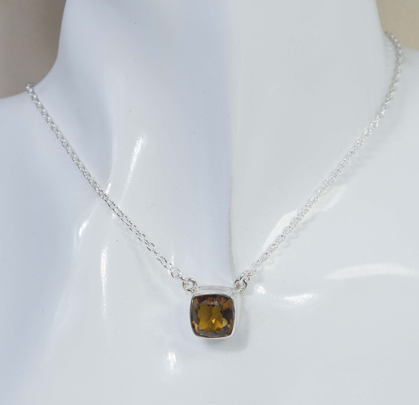925 Solid Sterling Silver Faceted Beer Quartz Necklace -17 .4 Inch