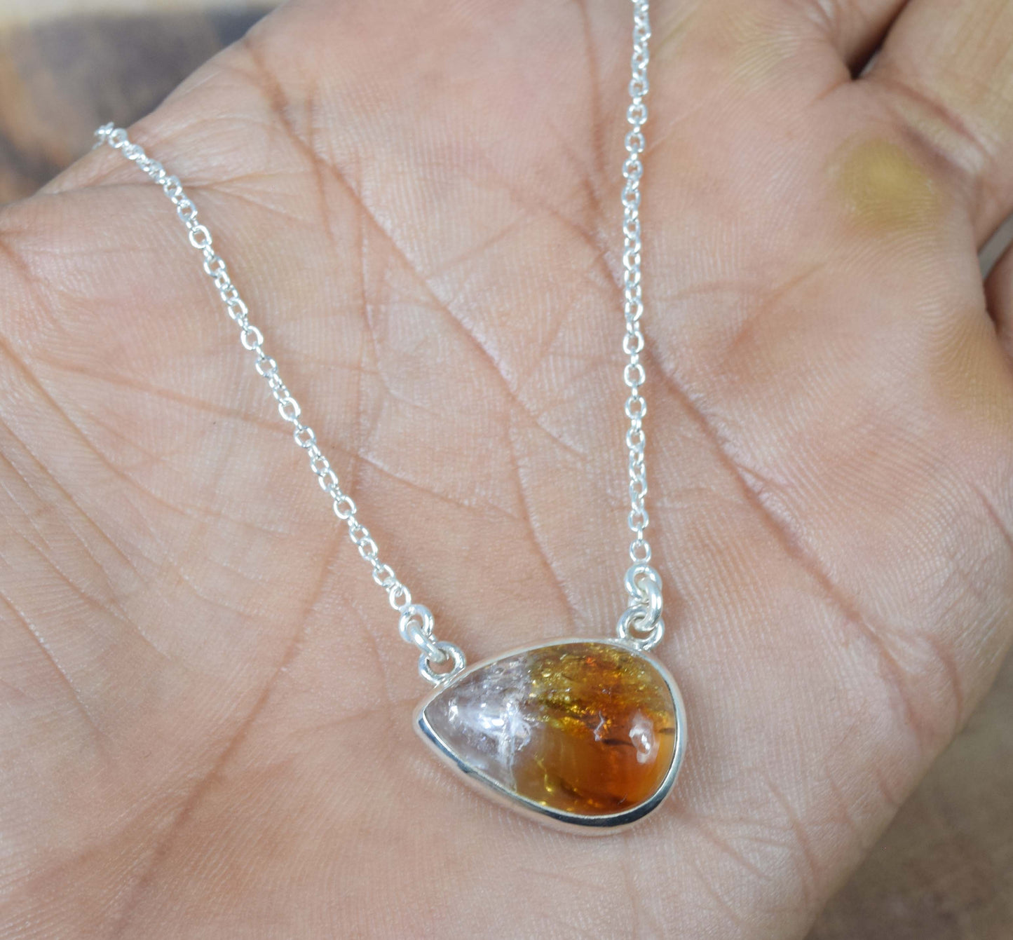 925 Solid Sterling Silver Bio Citrine Necklace -16 Inch