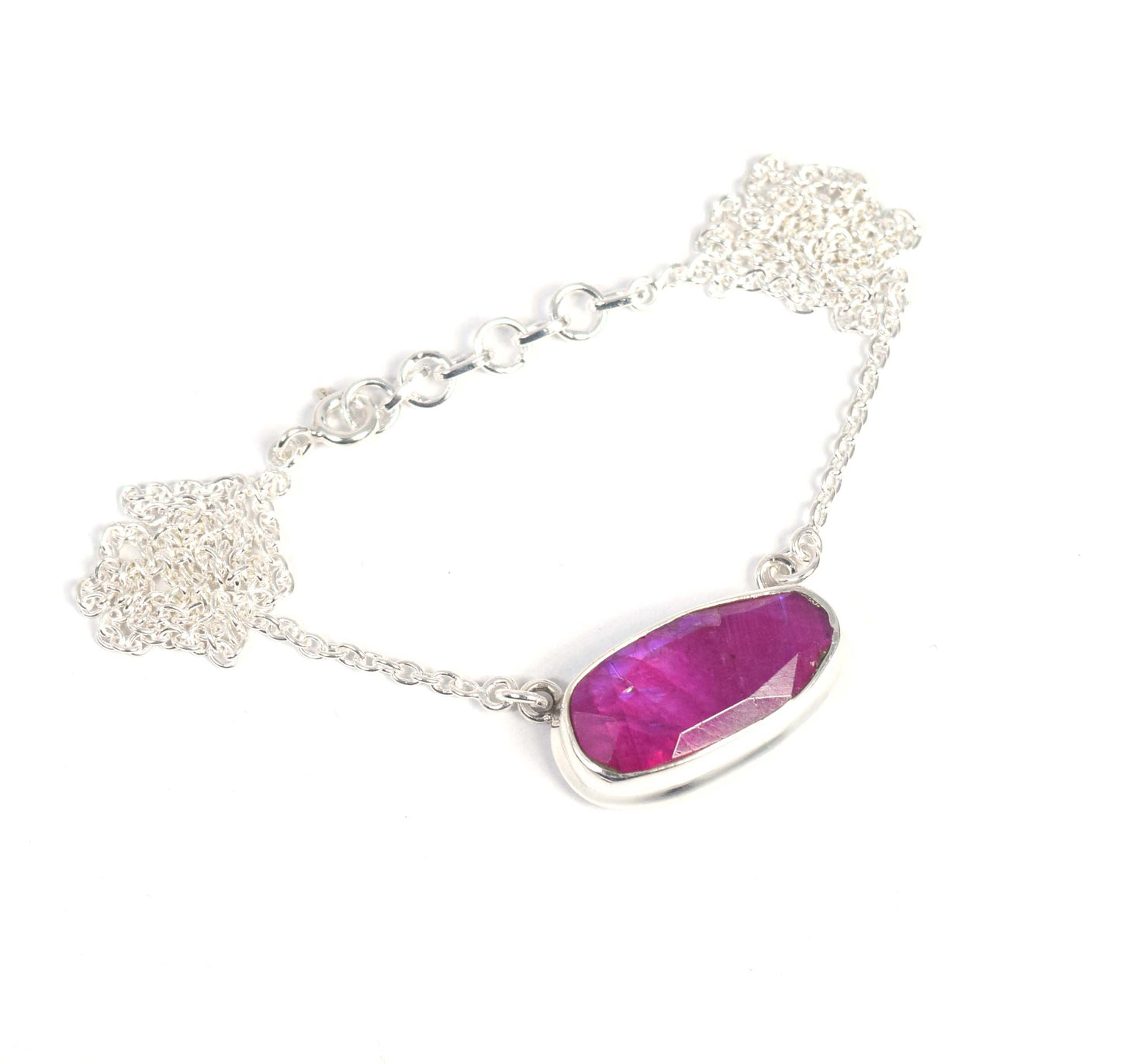 925 Solid Sterling Silver Faceted Simulated Red Ruby Necklace -17 Inch
