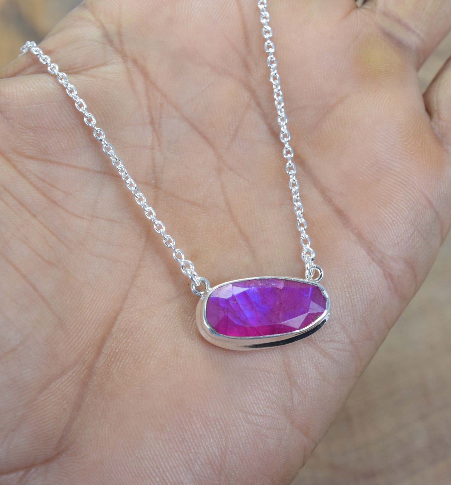 925 Solid Sterling Silver Faceted Simulated Red Ruby Necklace -17 Inch