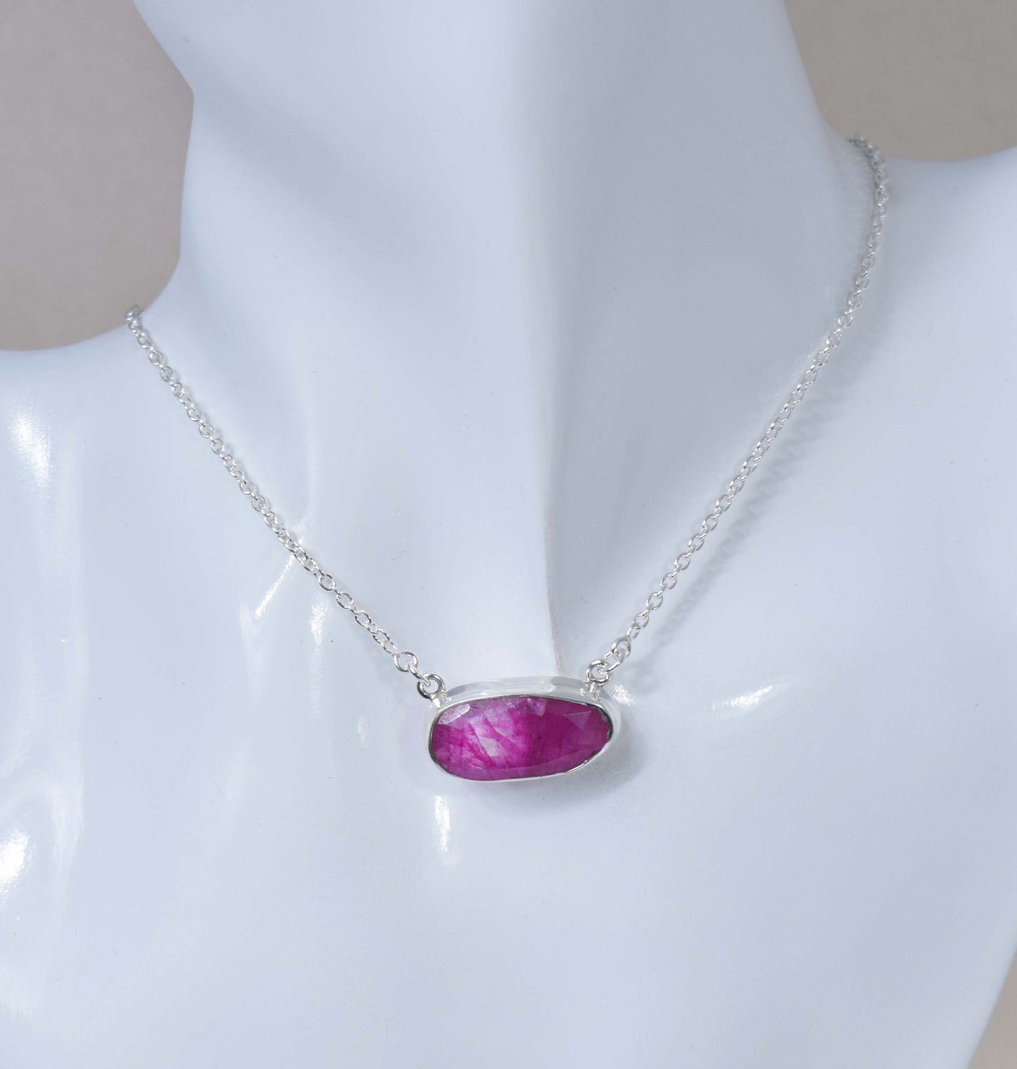 925 Solid Sterling Silver Faceted Simulated Red Ruby Necklace -17 Inch