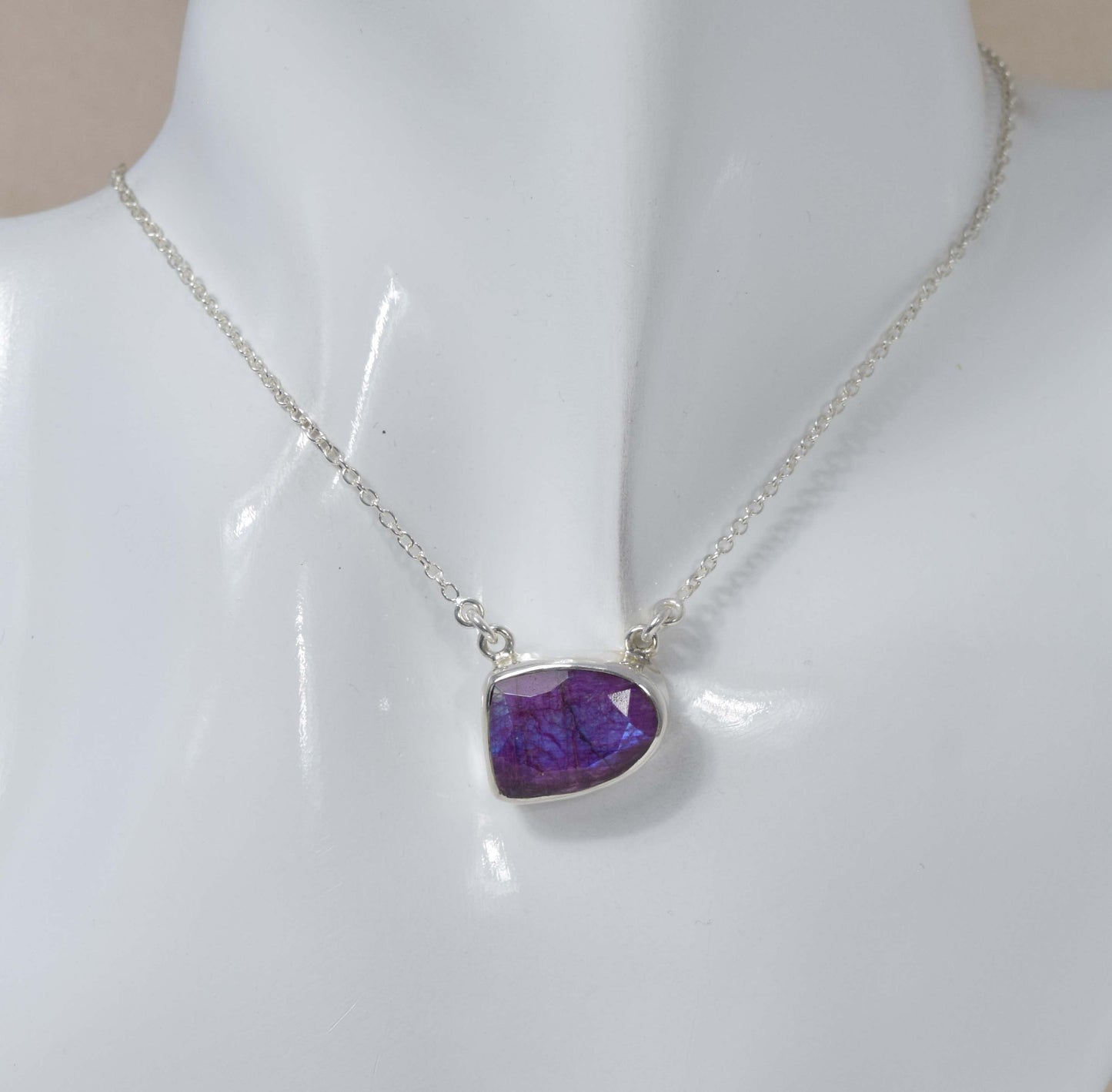925 Solid Sterling Silver Faceted Simulated Red Ruby Necklace -16 Inch