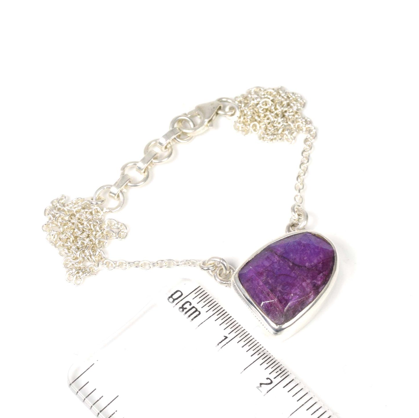 925 Solid Sterling Silver Faceted Simulated Red Ruby Necklace -16 Inch