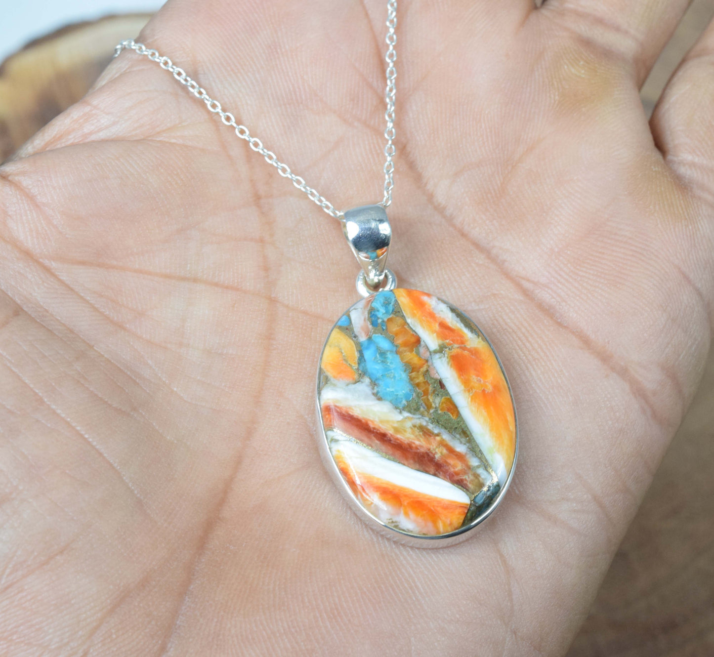 925 Solid Sterling Silver Oyster Turquoise Chain Pendant-19.5 Inch