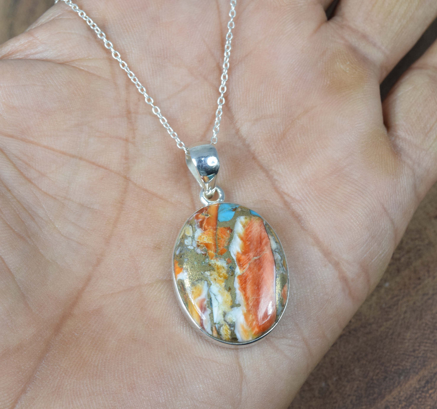 925 Solid Sterling Silver Oyster Turquoise Chain Pendant-19.5 Inch