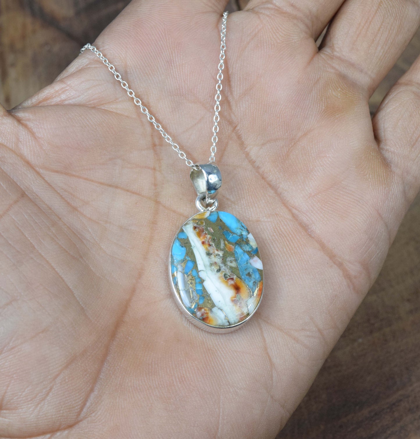 925 Solid Sterling Silver Oyster Turquoise Chain Pendant-19.5 Inch