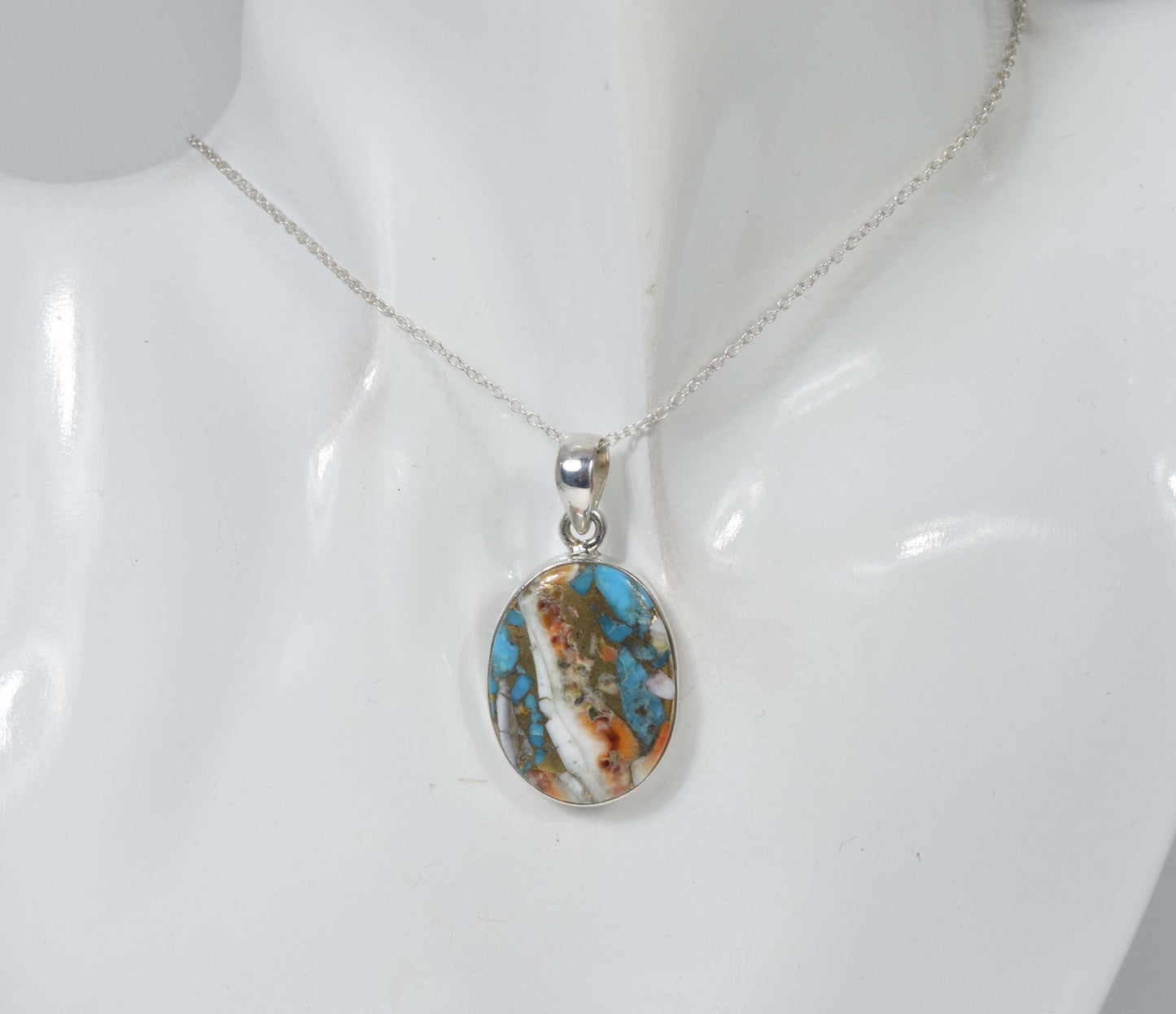925 Solid Sterling Silver Oyster Turquoise Chain Pendant-19.5 Inch