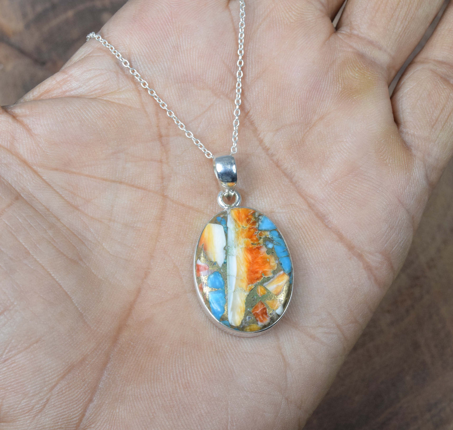 925 Solid Sterling Silver Oyster Turquoise Chain Pendant-19.5 Inch