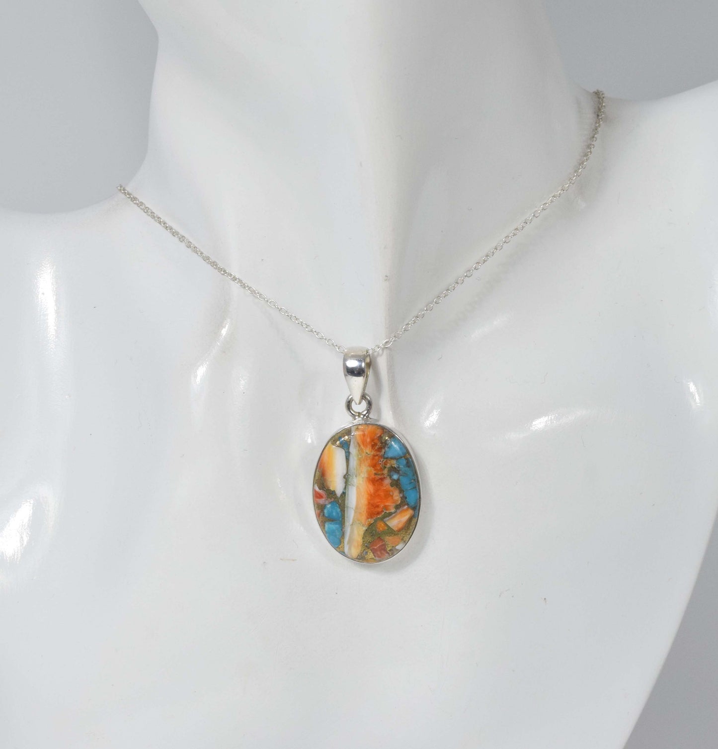 925 Solid Sterling Silver Oyster Turquoise Chain Pendant-19.5 Inch
