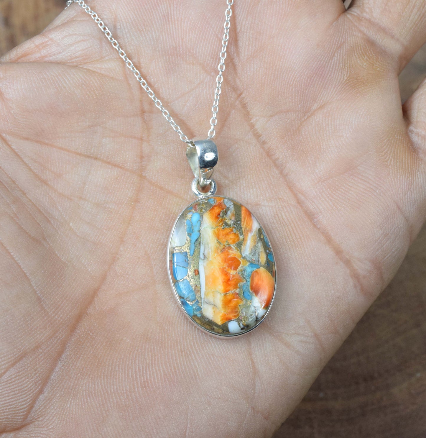 925 Solid Sterling Silver Oyster Turquoise Chain Pendant-19.5 Inch